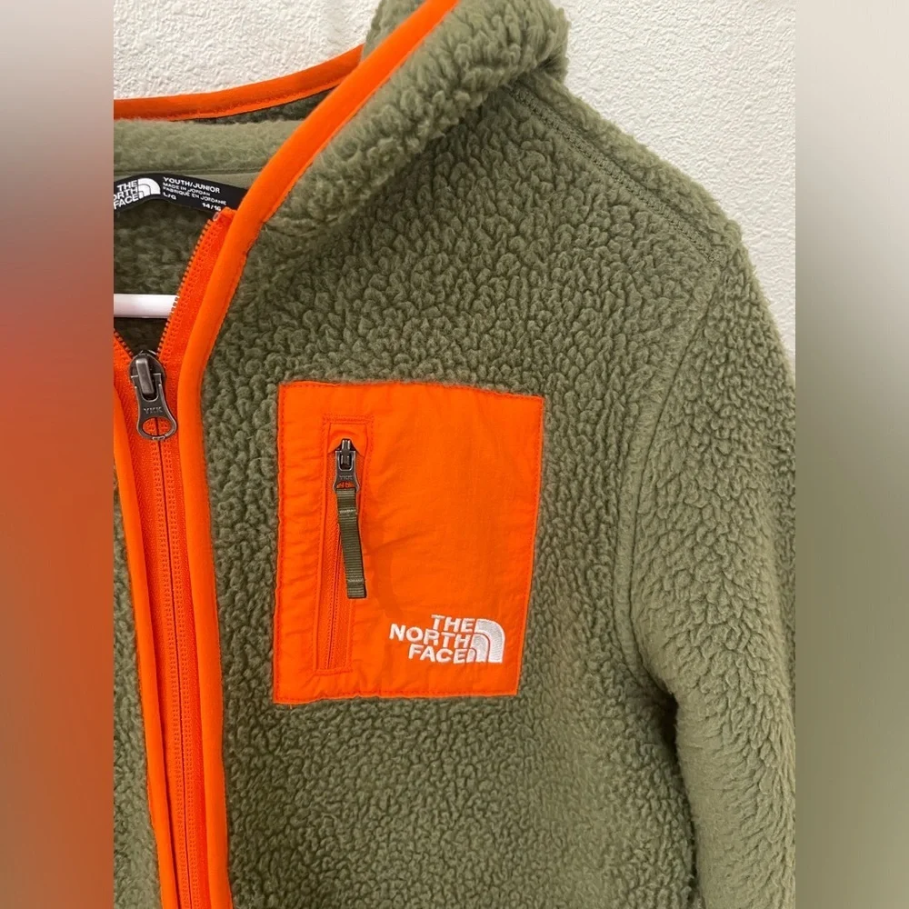 The North Face Olive and Orange Youth Fleece Zip Up Jacket Coat